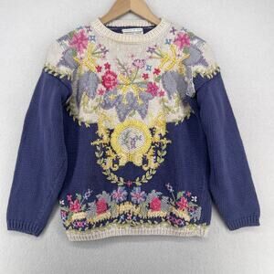 JENNIFER REED Sweater S Cottagecore Floral 80s Handknit Ramie Cotton Blue HK VTG
